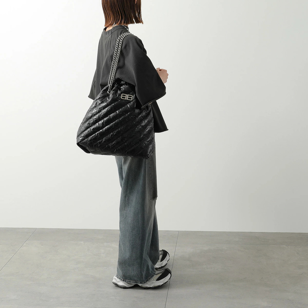 Balenciaga Crush Tote Shoulder Bag Leather Quilted Icon Drawstring BLACK